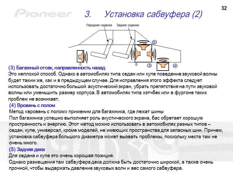 32 Установка сабвуфера (2) ① ② ③ ⑤ (3) Багажный отсек, направленность назад Это